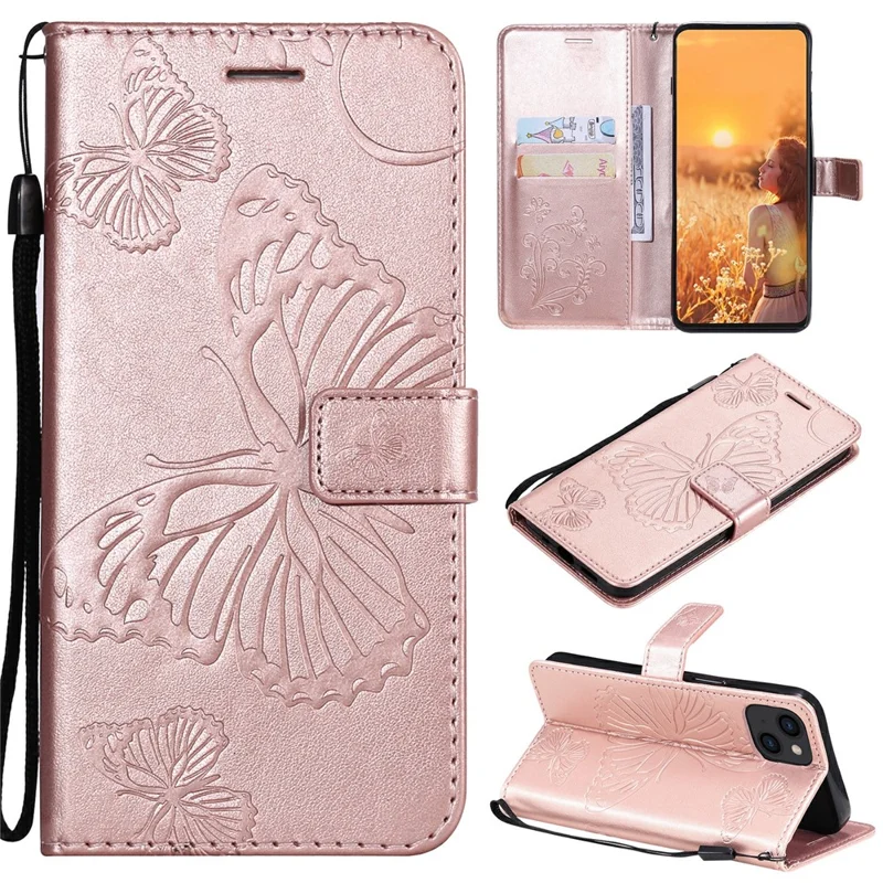 Capa de Telemóvel com Carteira para iPhone 13 com Impressão de Borboleta Floral em Pele - Dourado Rosa