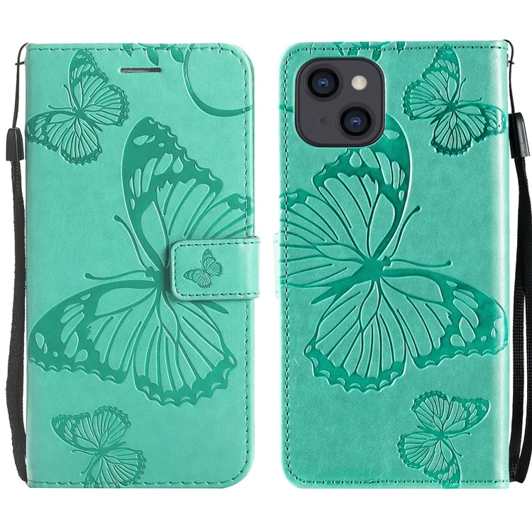 KT Implinting Flower Series-2 Полная Защитная Бабочка Импринтинг Кожаный Сотовой Телефон с Ремешком Для Iphone 13 6,1 Дюйма - Зеленый