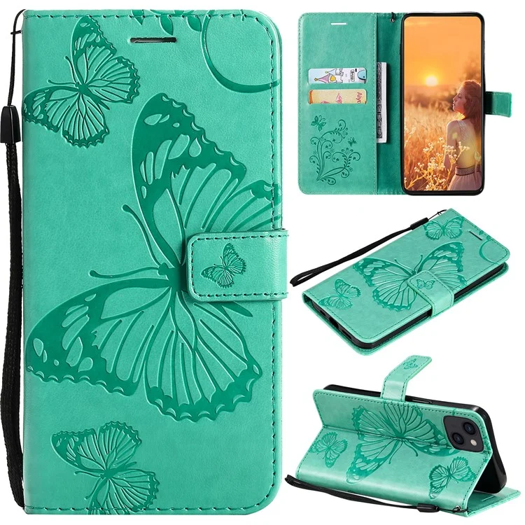 KT Implinting Flower Series-2 Полная Защитная Бабочка Импринтинг Кожаный Сотовой Телефон с Ремешком Для Iphone 13 6,1 Дюйма - Зеленый