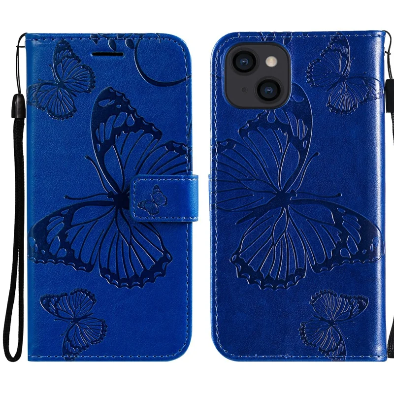 For iPhone 13 Wallet Case Floral Butterfly Imprinted Leather Phone Cover Stand - Blue
