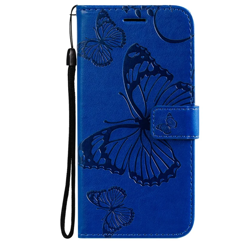 For iPhone 13 Wallet Case Floral Butterfly Imprinted Leather Phone Cover Stand - Blue