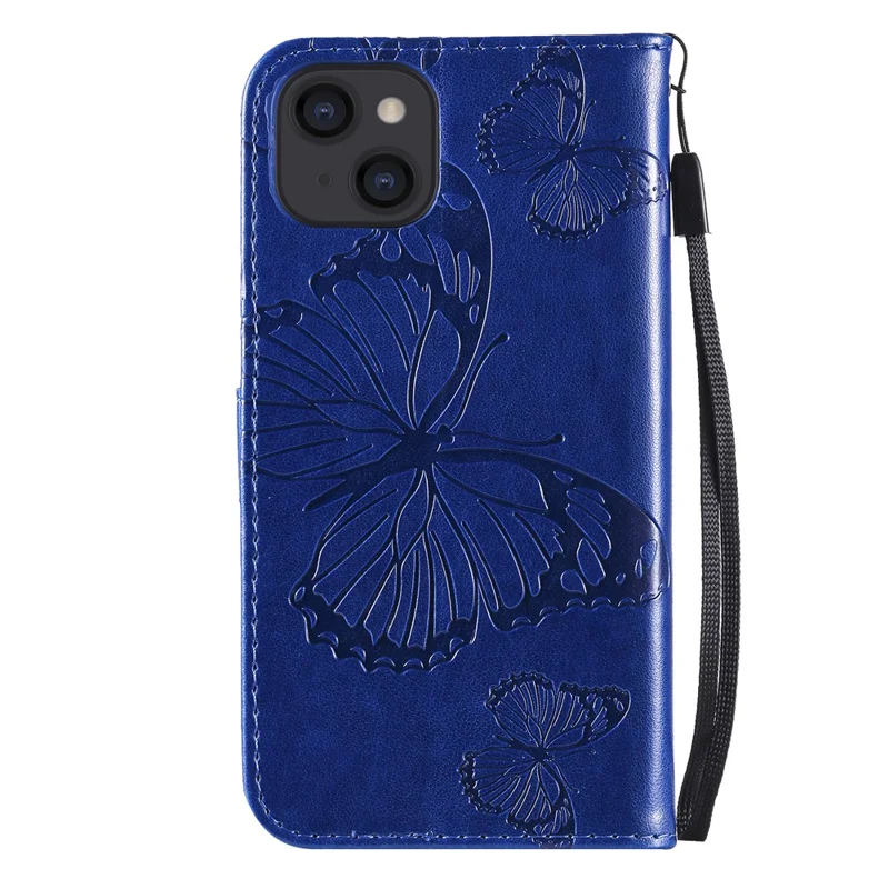 For iPhone 13 Wallet Case Floral Butterfly Imprinted Leather Phone Cover Stand - Blue