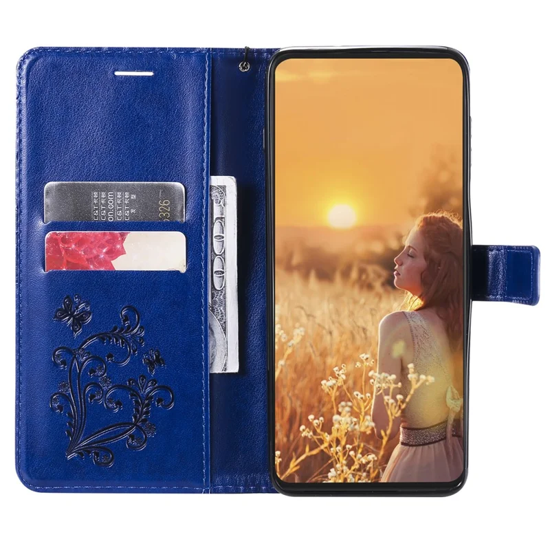For iPhone 13 Wallet Case Floral Butterfly Imprinted Leather Phone Cover Stand - Blue