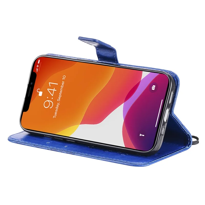 For iPhone 13 Wallet Case Floral Butterfly Imprinted Leather Phone Cover Stand - Blue