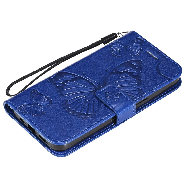 For iPhone 13 Wallet Case Floral Butterfly Imprinted Leather Phone Cover Stand - Blue