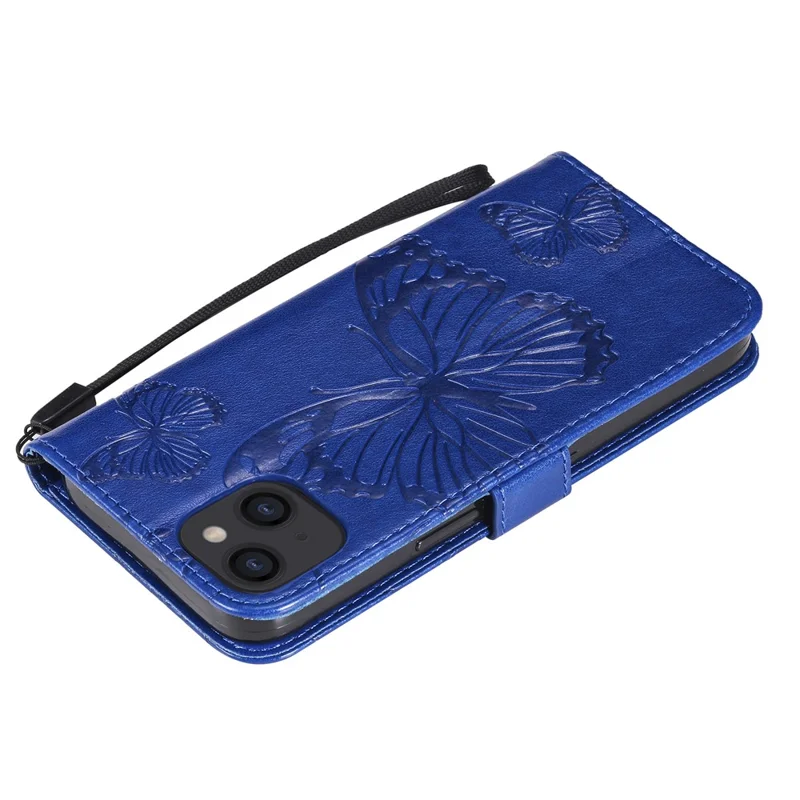 For iPhone 13 Wallet Case Floral Butterfly Imprinted Leather Phone Cover Stand - Blue