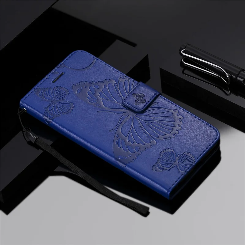 For iPhone 13 Wallet Case Floral Butterfly Imprinted Leather Phone Cover Stand - Blue