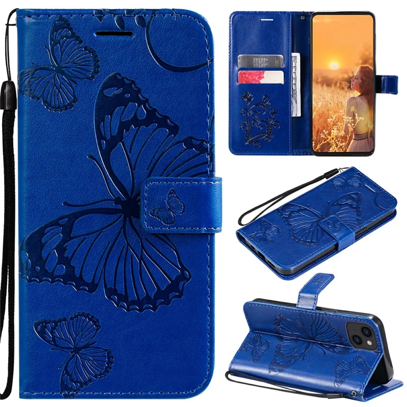 For iPhone 13 Wallet Case Floral Butterfly Imprinted Leather Phone Cover Stand - Blue