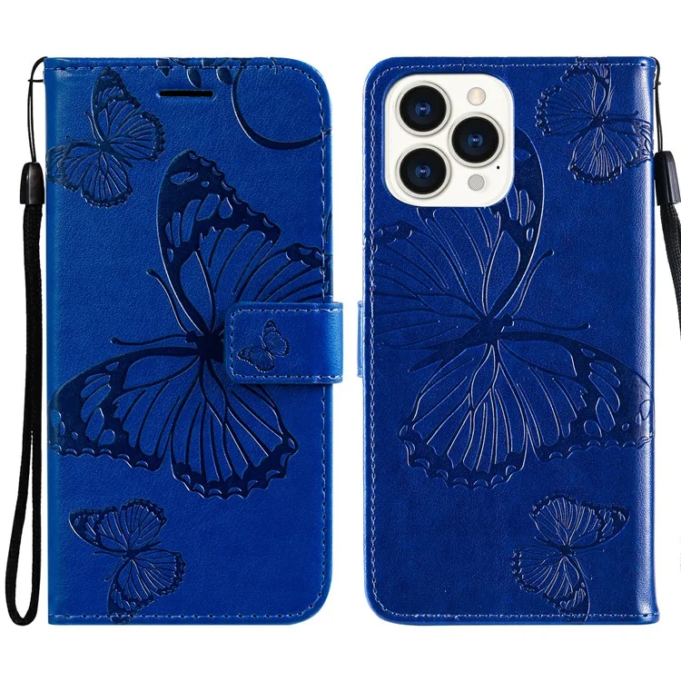 For iPhone 13 Pro Wallet Case Floral Butterfly Imprinted Leather Phone Cover Stand - Blue