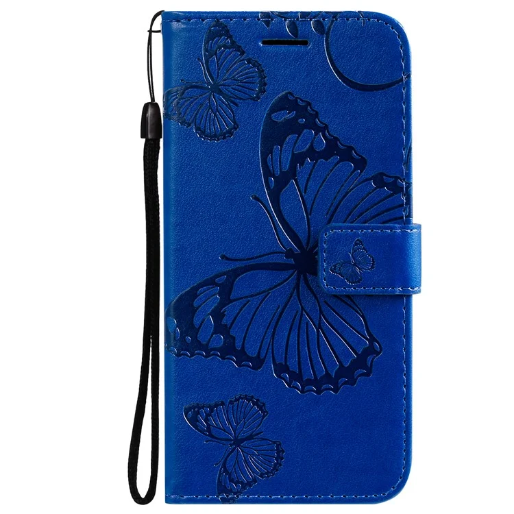 For iPhone 13 Pro Wallet Case Floral Butterfly Imprinted Leather Phone Cover Stand - Blue