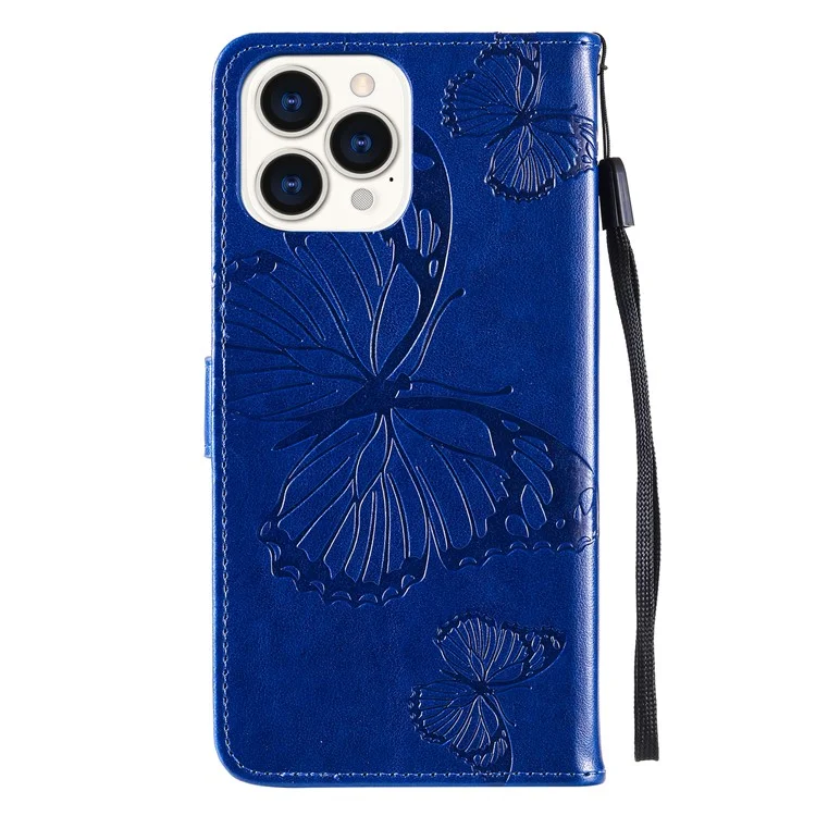 For iPhone 13 Pro Wallet Case Floral Butterfly Imprinted Leather Phone Cover Stand - Blue