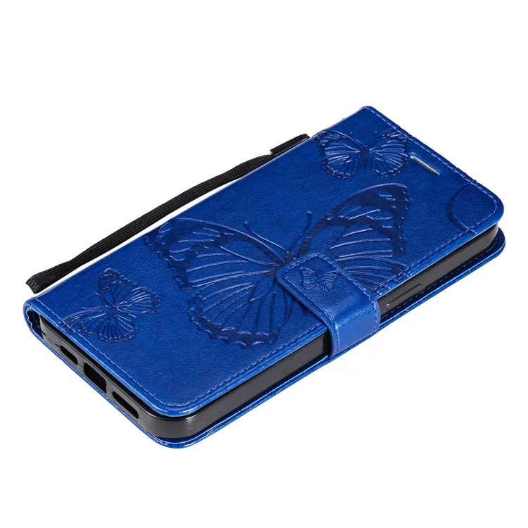 For iPhone 13 Pro Wallet Case Floral Butterfly Imprinted Leather Phone Cover Stand - Blue