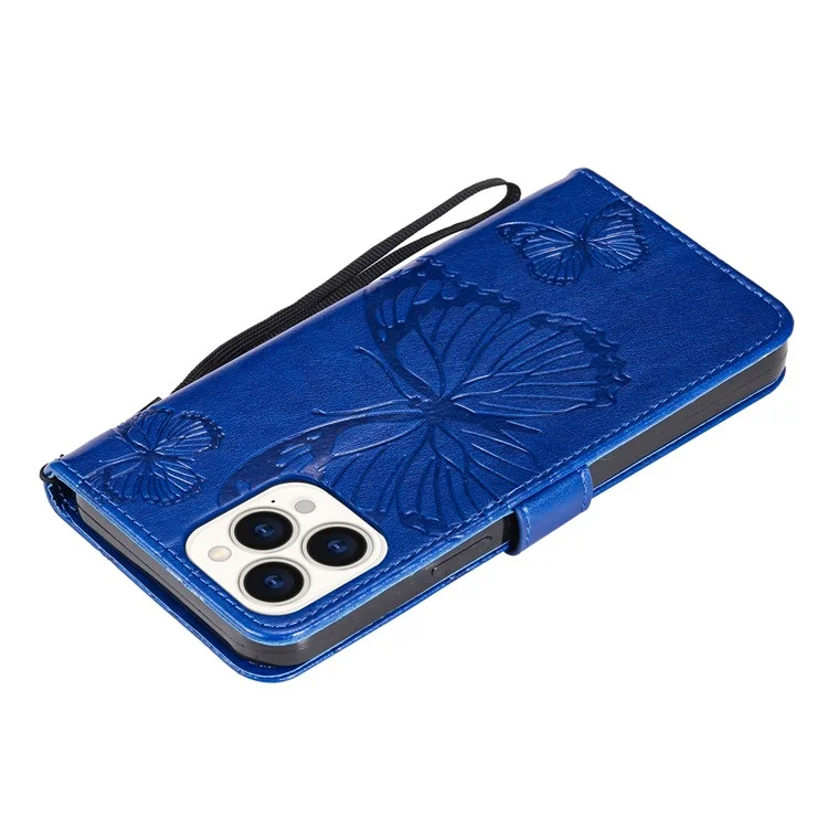 For iPhone 13 Pro Wallet Case Floral Butterfly Imprinted Leather Phone Cover Stand - Blue
