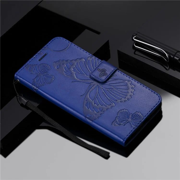 For iPhone 13 Pro Wallet Case Floral Butterfly Imprinted Leather Phone Cover Stand - Blue
