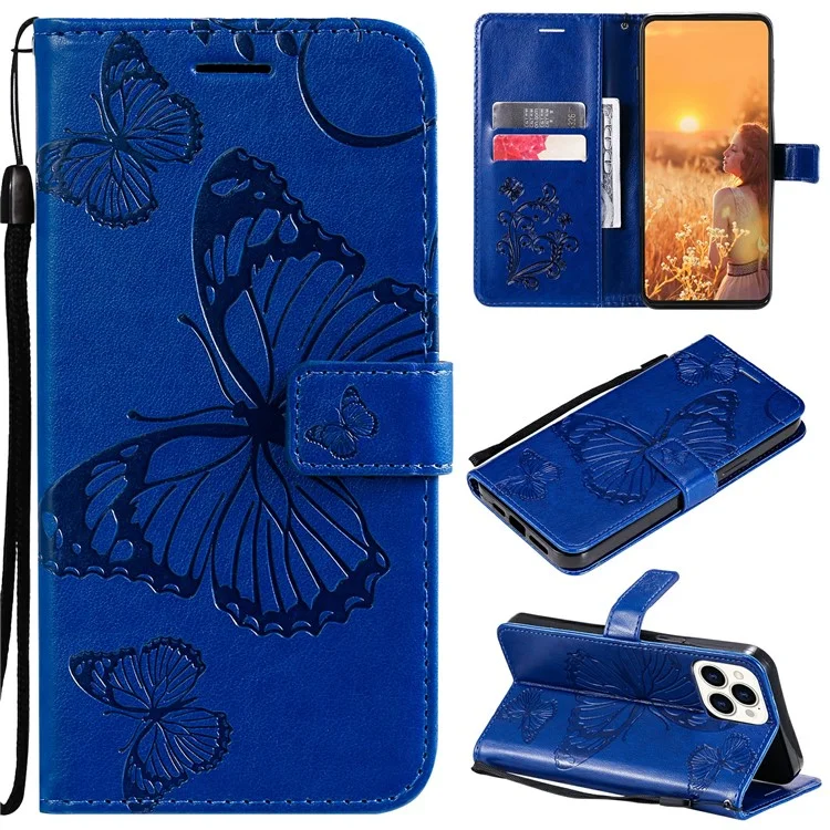 For iPhone 13 Pro Wallet Case Floral Butterfly Imprinted Leather Phone Cover Stand - Blue