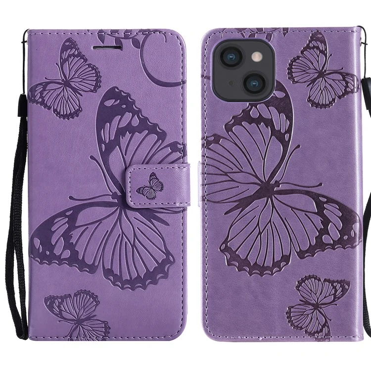 For iPhone 13 mini Wallet Case Floral Butterfly Imprinted Leather Phone Cover Stand - Purple