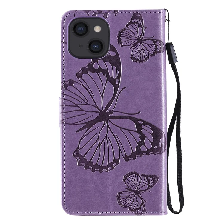 For iPhone 13 mini Wallet Case Floral Butterfly Imprinted Leather Phone Cover Stand - Purple