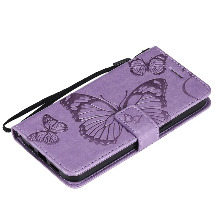 For iPhone 13 mini Wallet Case Floral Butterfly Imprinted Leather Phone Cover Stand - Purple