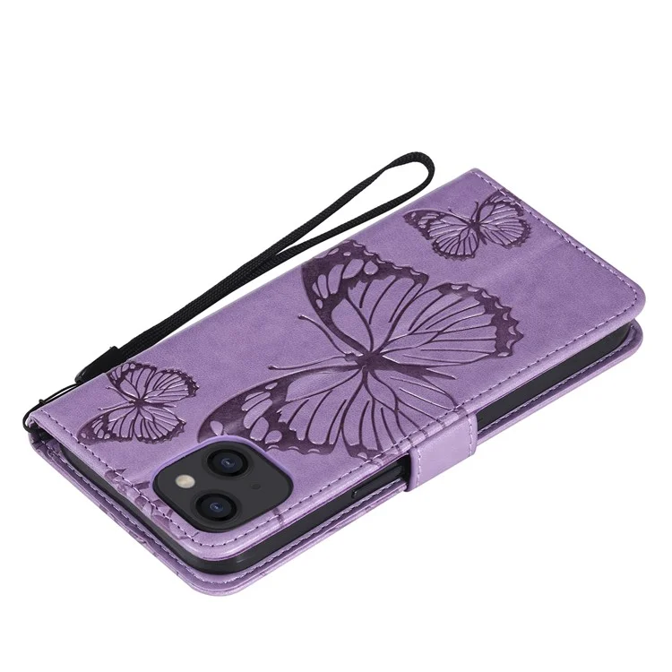 For iPhone 13 mini Wallet Case Floral Butterfly Imprinted Leather Phone Cover Stand - Purple