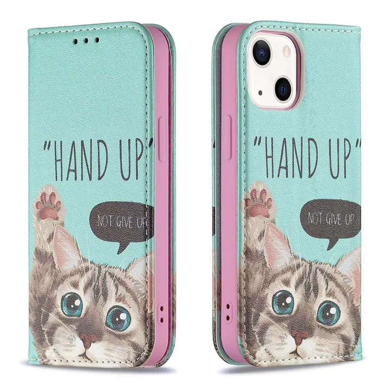 Pattern Printing Magnetic Auto-absorbed Leather Case Wallet Stand Phone Cover for iPhone 13 mini 5.4 inch - Cat