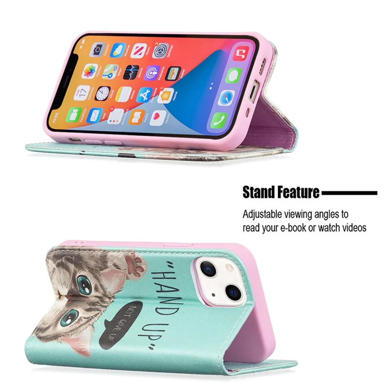 Pattern Printing Magnetic Auto-absorbed Leather Case Wallet Stand Phone Cover for iPhone 13 mini 5.4 inch - Cat