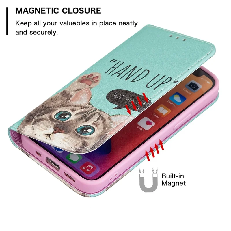 Pattern Printing Magnetic Auto-absorbed Leather Case Wallet Stand Phone Cover for iPhone 13 mini 5.4 inch - Cat