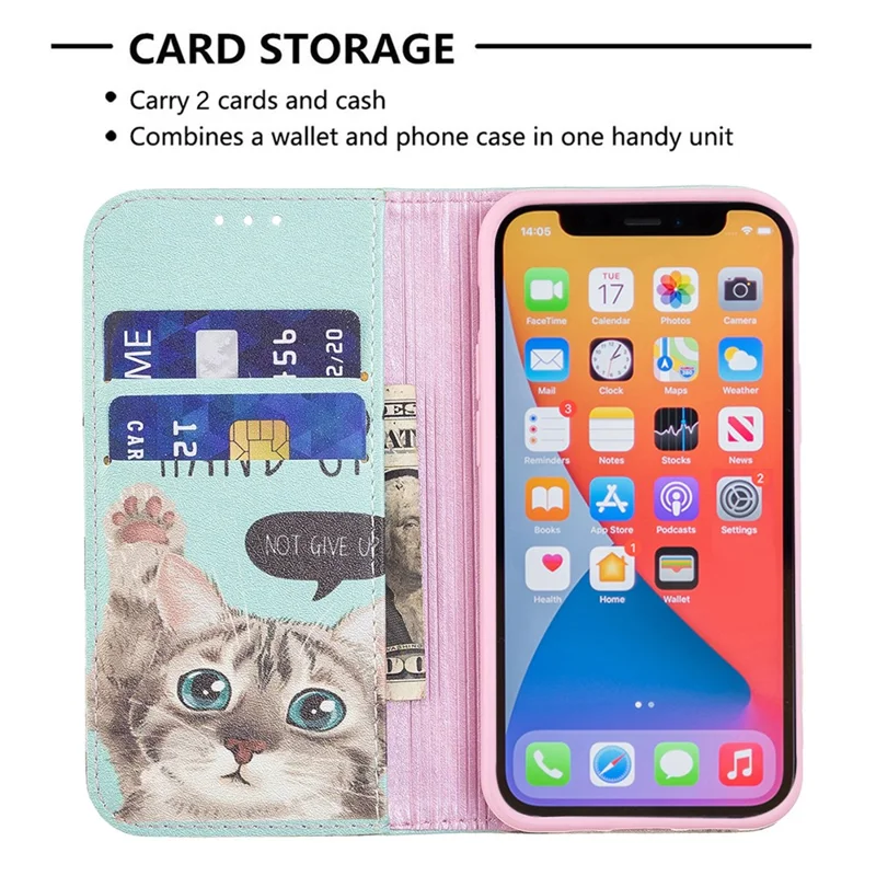 Pattern Printing Magnetic Auto-absorbed Leather Case Wallet Stand Phone Cover for iPhone 13 mini 5.4 inch - Cat