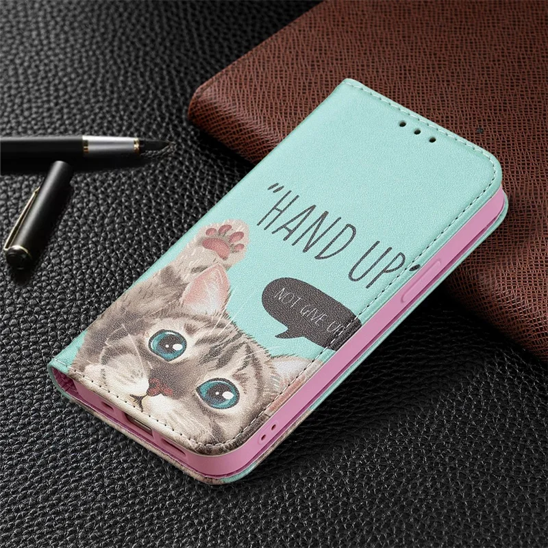 Pattern Printing Magnetic Auto-absorbed Leather Case Wallet Stand Phone Cover for iPhone 13 mini 5.4 inch - Cat