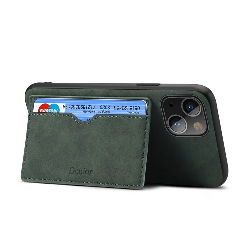 Kickstand Card Holder Slim PU Leather + TPU Bumper + PC Back Protective Case for iPhone 13 6.1 inch - Green
