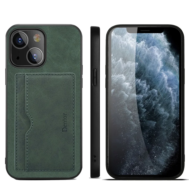 Kickstand Card Holder Slim PU Leather + TPU Bumper + PC Back Protective Case for iPhone 13 6.1 inch - Green