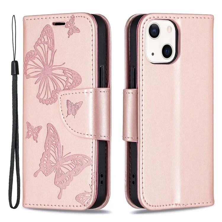 Impressum Schmetterling Magnetischer Verschluss Leder Stand Brieftasche Telefon Shell Case Mit Gurt Für IPhone 13 Mini 5,4 Zoll - Gold