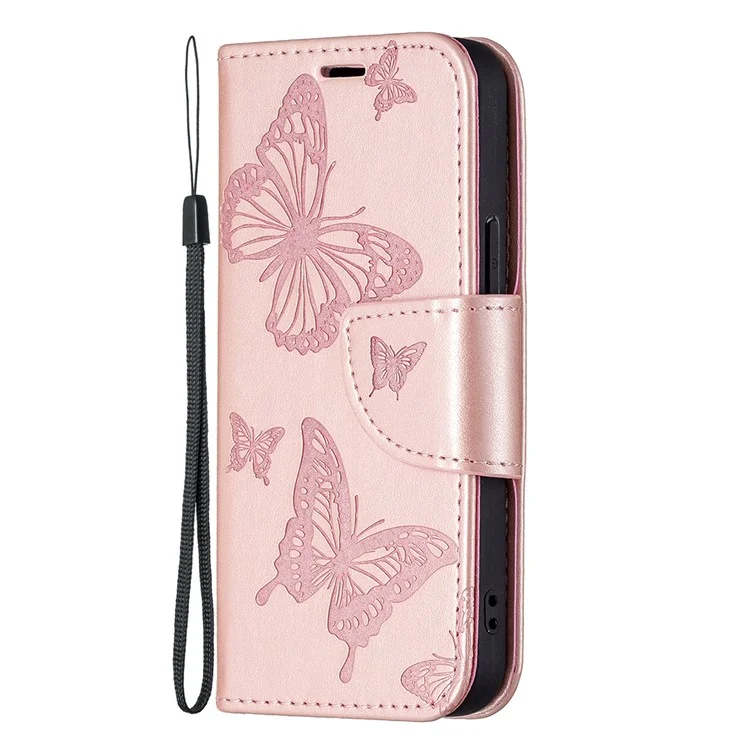 Impressum Schmetterling Magnetischer Verschluss Leder Stand Brieftasche Telefon Shell Case Mit Gurt Für IPhone 13 Mini 5,4 Zoll - Gold