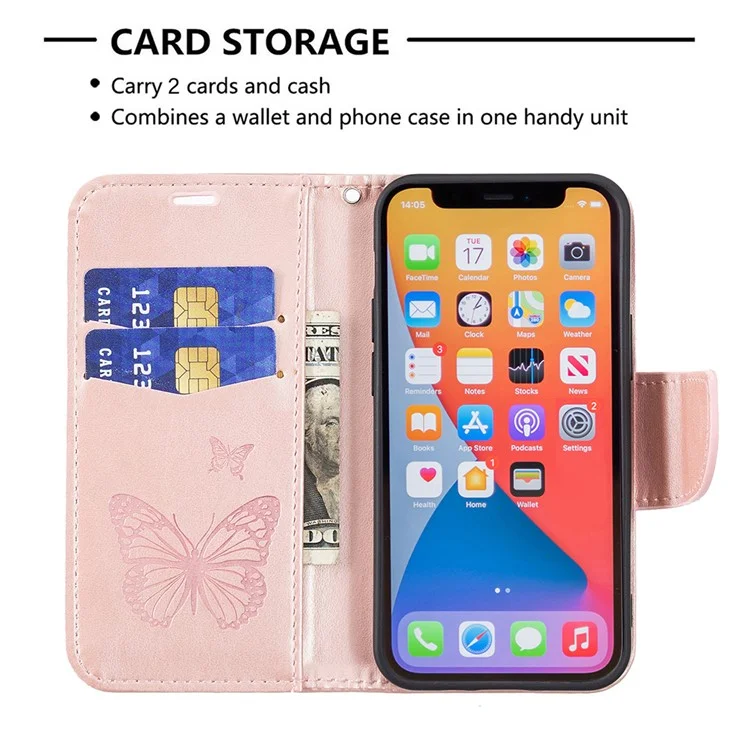 Impressum Schmetterling Magnetischer Verschluss Leder Stand Brieftasche Telefon Shell Case Mit Gurt Für IPhone 13 Mini 5,4 Zoll - Gold