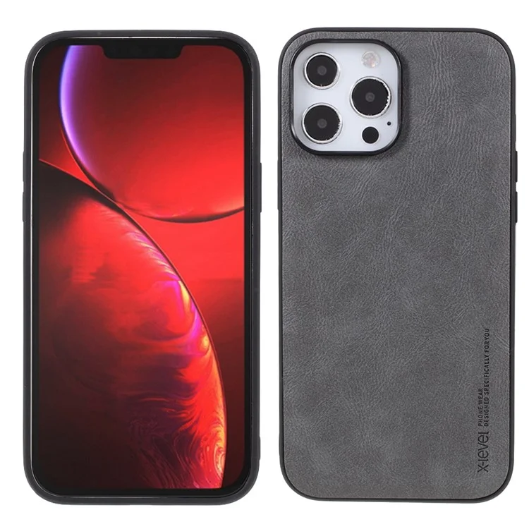 X-LEVEL Vintage Style Shockproof PU Leather Back Soft TPU Edges Protective Case for iPhone 13 Pro Max 6.7 inch - Grey