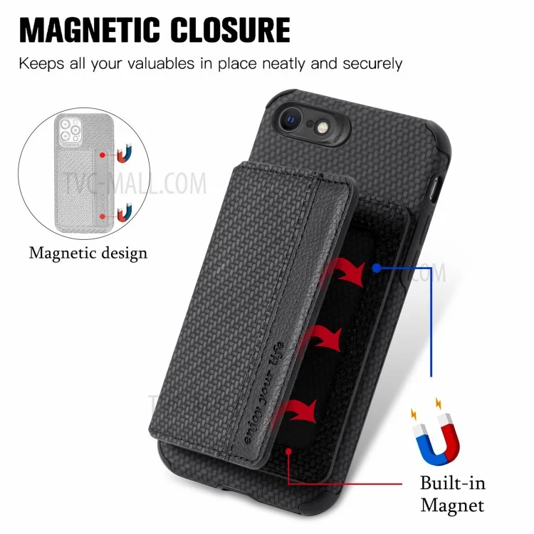 Magnetic Closure Lens Protection Kickstand Wallet Design Carbon Fiber Texture Leather Coated Phone Cover Case for iPhone 7 4.7 inch/8 4.7 inch/SE (2020)/SE (2022) - Black