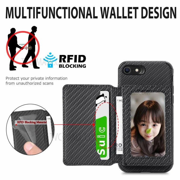 Magnetic Closure Lens Protection Kickstand Wallet Design Carbon Fiber Texture Leather Coated Phone Cover Case for iPhone 7 4.7 inch/8 4.7 inch/SE (2020)/SE (2022) - Black