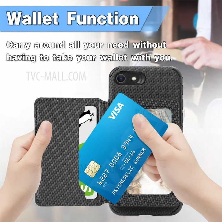 Magnetic Closure Lens Protection Kickstand Wallet Design Carbon Fiber Texture Leather Coated Phone Cover Case for iPhone 7 4.7 inch/8 4.7 inch/SE (2020)/SE (2022) - Black