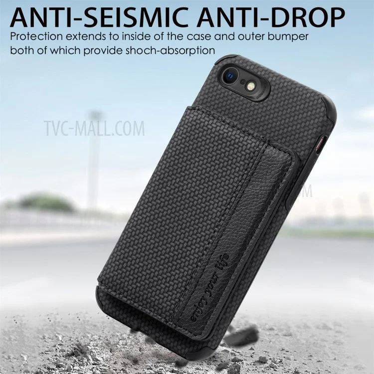 Magnetic Closure Lens Protection Kickstand Wallet Design Carbon Fiber Texture Leather Coated Phone Cover Case for iPhone 7 4.7 inch/8 4.7 inch/SE (2020)/SE (2022) - Black
