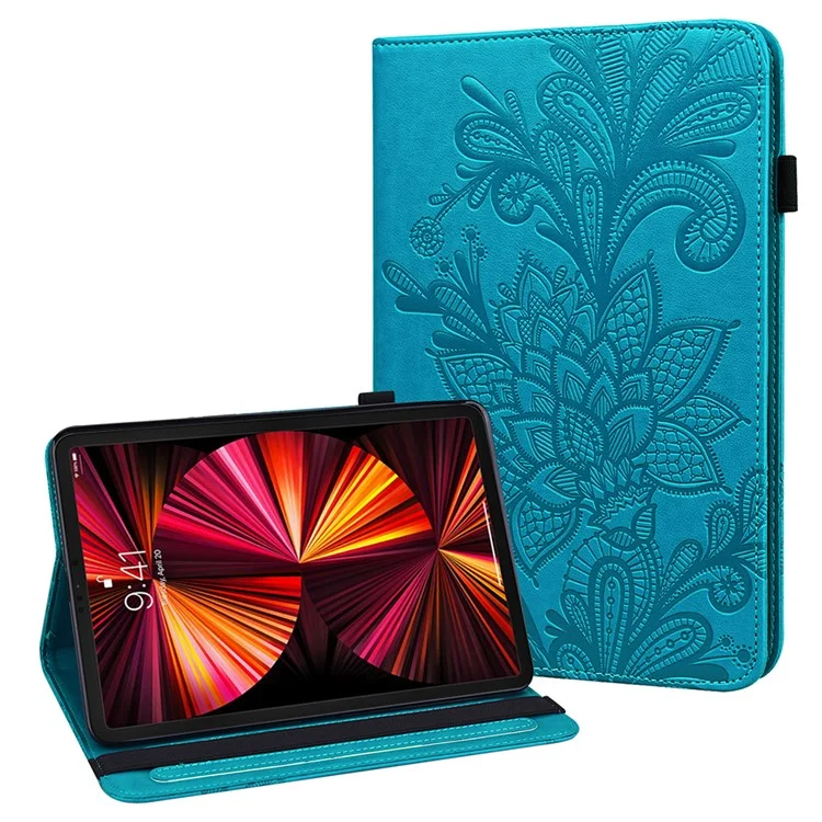 Full Protection Imprint Flower Pattern Skin Feeling Wallet PU Leather Tablet Case with Stand for Apple iPad Pro 11-inch (2021) - Blue