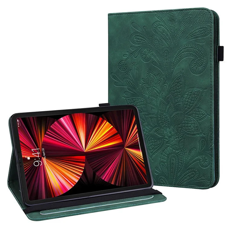 Full Protection Imprint Flower Pattern Skin Feeling Wallet PU Leather Tablet Case with Stand for Apple iPad Pro 11-inch (2021) - Green