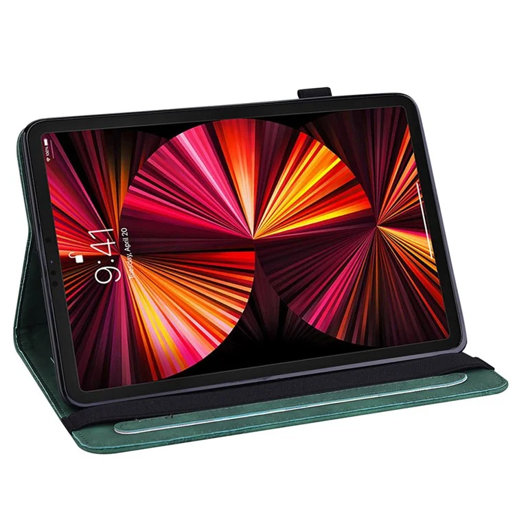 Full Protection Imprint Flower Pattern Skin Feeling Wallet PU Leather Tablet Case with Stand for Apple iPad Pro 11-inch (2021) - Green
