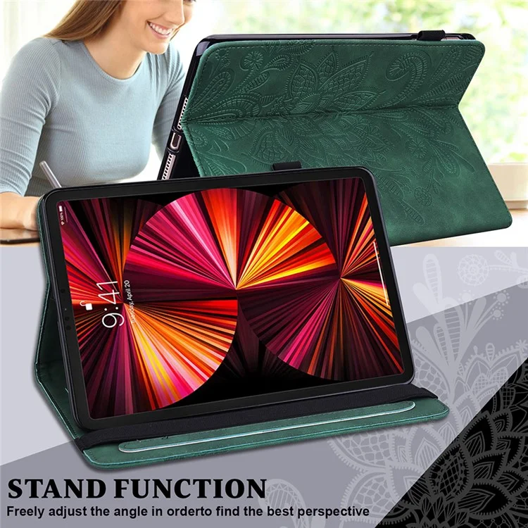 Full Protection Imprint Flower Pattern Skin Feeling Wallet PU Leather Tablet Case with Stand for Apple iPad Pro 11-inch (2021) - Green