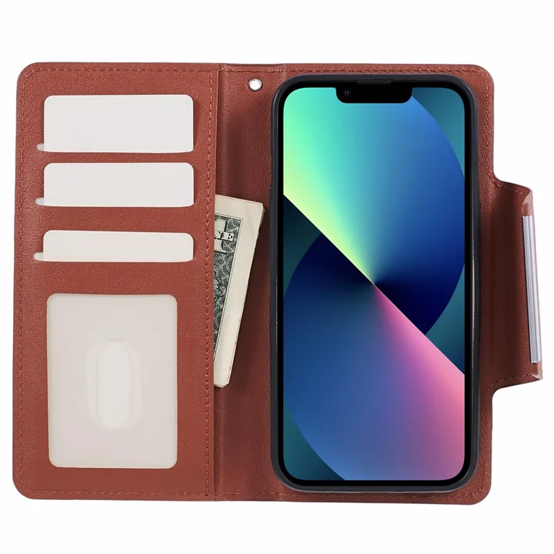 Full Protective Leather Wallet Phone Cover with Detachable Inner for iPhone 13 6.1 inch - Brown