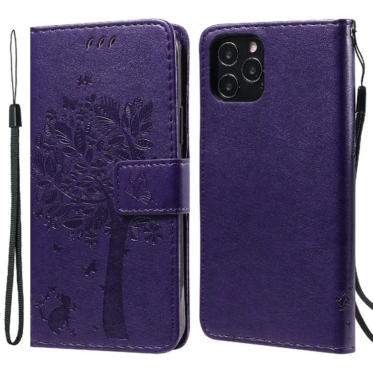 KT Imprinting Flower Series-3 Imprinted Cat and Tree Pattern PU Leather Wallet Phone Case Shell with Stand for iPhone 12/12 Pro - Púrpura