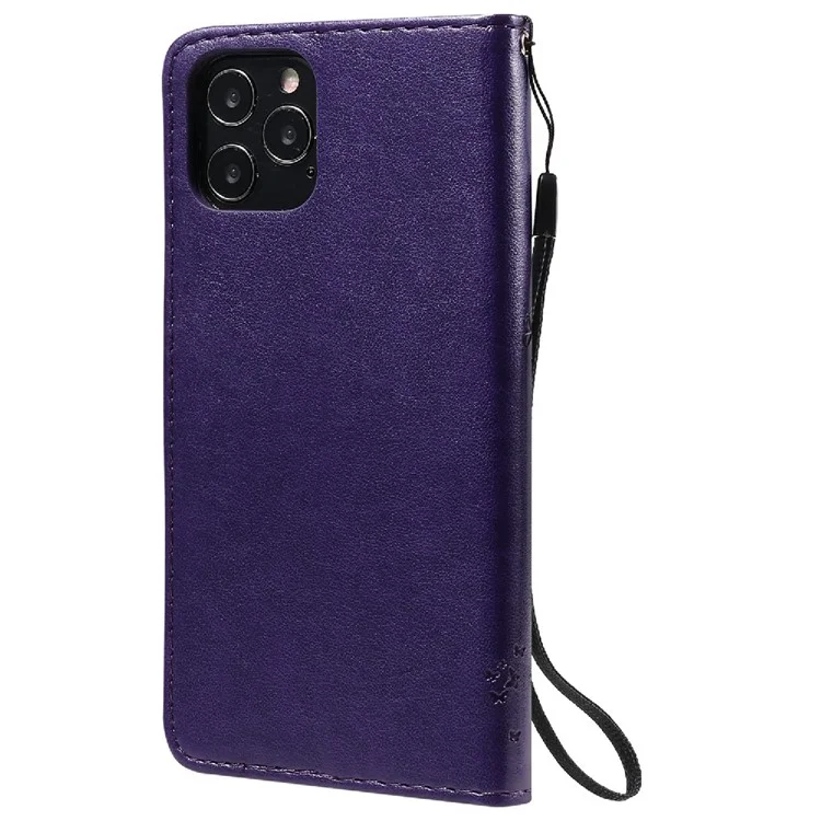 KT Imprinting Flower Series-3 Imprinted Cat and Tree Pattern PU Leather Wallet Phone Case Shell with Stand for iPhone 12/12 Pro - Púrpura