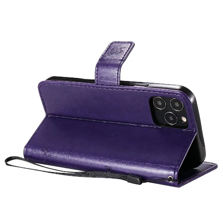 KT Imprinting Flower Series-3 Imprinted Cat and Tree Pattern PU Leather Wallet Phone Case Shell with Stand for iPhone 12/12 Pro - Púrpura