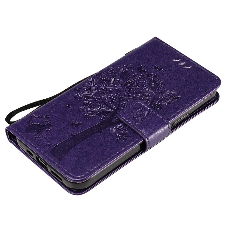 KT Imprinting Flower Series-3 Imprinted Cat and Tree Pattern PU Leather Wallet Phone Case Shell with Stand for iPhone 12/12 Pro - Púrpura