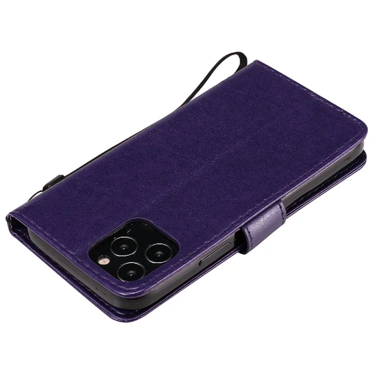 KT Imprinting Flower Series-3 Imprinted Cat and Tree Pattern PU Leather Wallet Phone Case Shell with Stand for iPhone 12/12 Pro - Púrpura