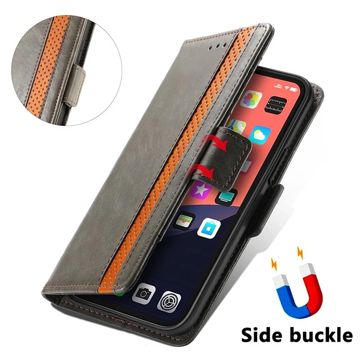 CASENEO 002 Serie Business Style Splicing Leder Handyhülle für iPhone 13 Pro Max 6.7 Zoll - Grau