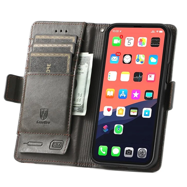 CASENEO 002 Serie Business Style Splicing Leder Handyhülle für iPhone 13 Pro Max 6.7 Zoll - Grau